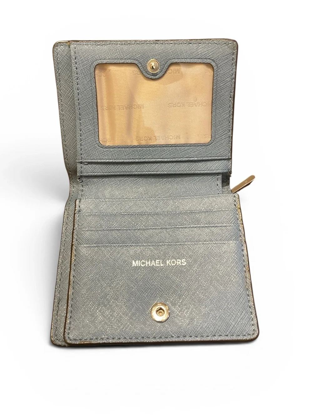 Michael Kors Blue-Grayish Pebbled Leather Compact Wallet with Gold Logo Unisex